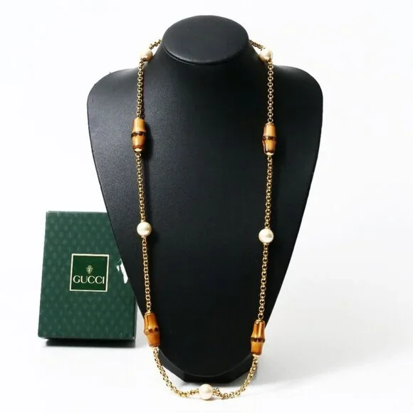 Gucci Vintage Necklace Bamboo Pearl Gold Ra4329 - Picture 1 of 6